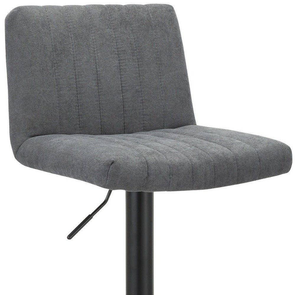 Set of Two Gray And Black Fabric And Metal Low Back Adjustable Height Bar Chairs on a white background