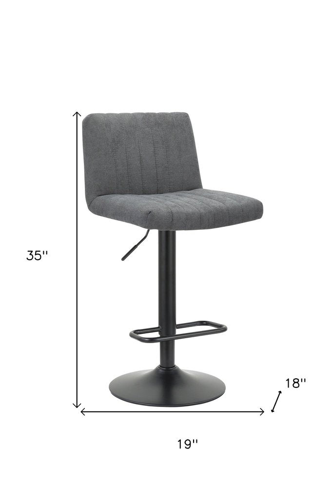 Set of Two Gray And Black Fabric And Metal Low Back Adjustable Height Bar Chairs on a white background
