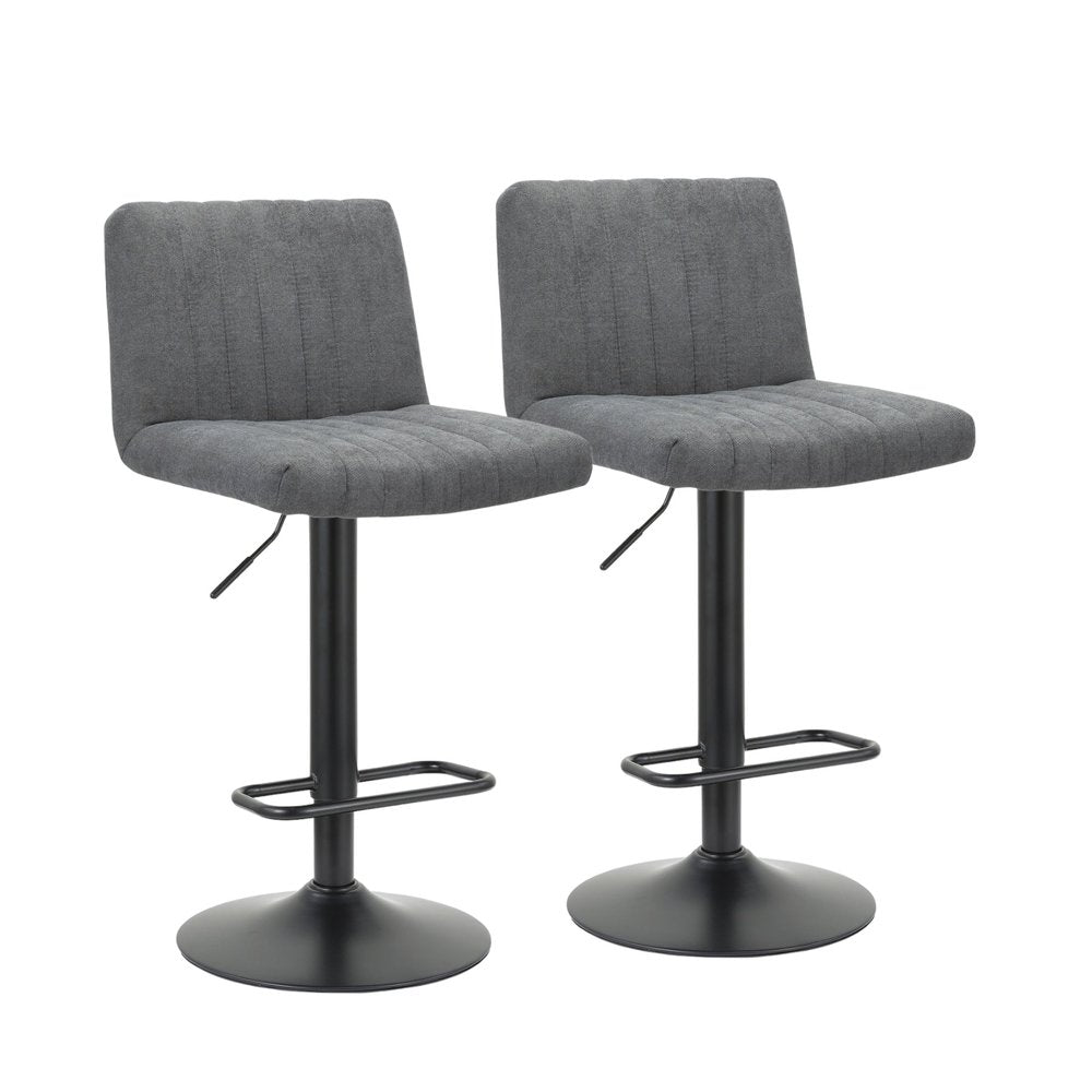 Set of Two Gray And Black Fabric And Metal Low Back Adjustable Height Bar Chairs on a white background