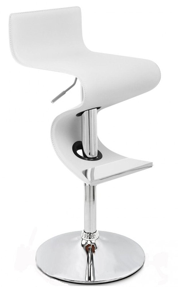 White faux leather and chrome adjustable height bar stool with a low back and round base on a white background.