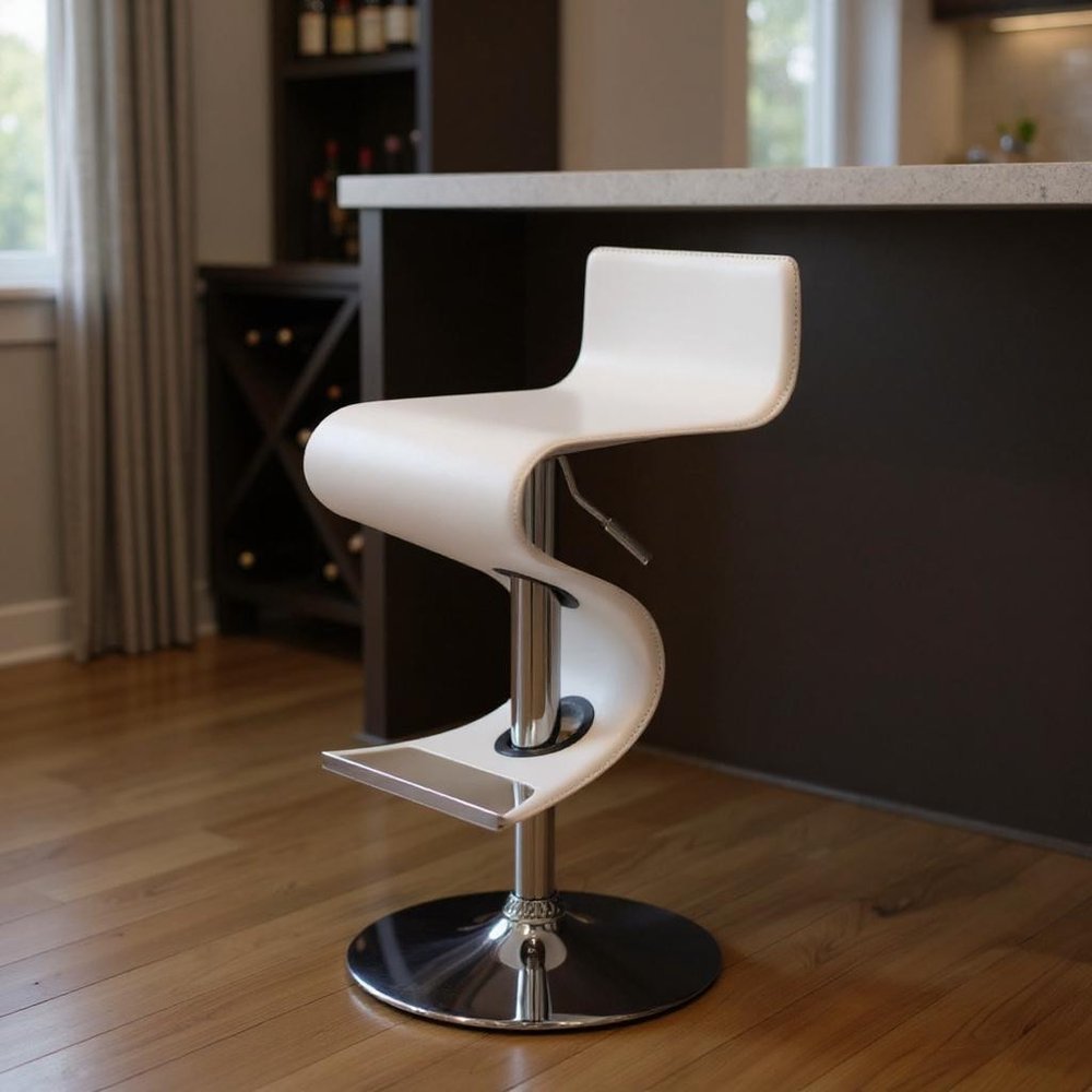 White and Silver Faux Leather and Metal Low Back Adjustable Height Bar Chair - 28" H x 17" W x 15" D