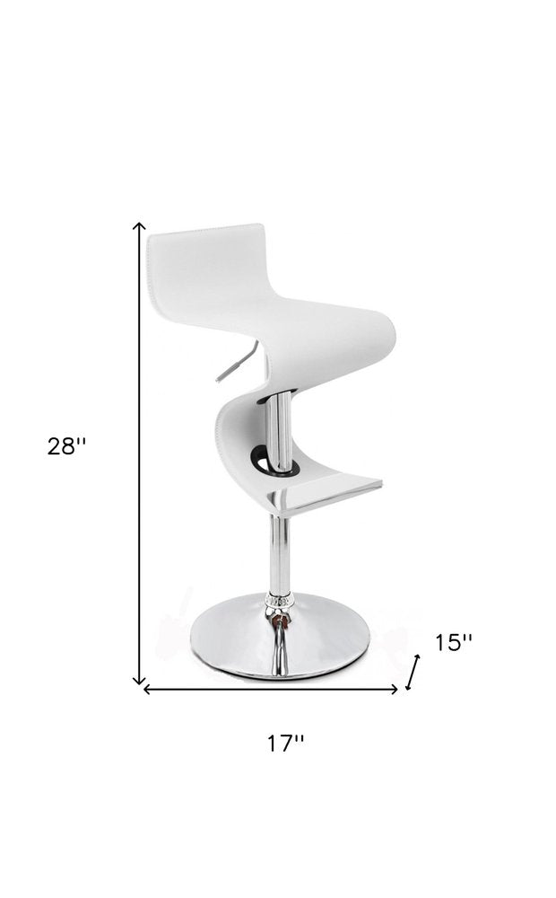 White and Silver Faux Leather and Metal Low Back Adjustable Height Bar Chair - 28" H x 17" W x 15" D