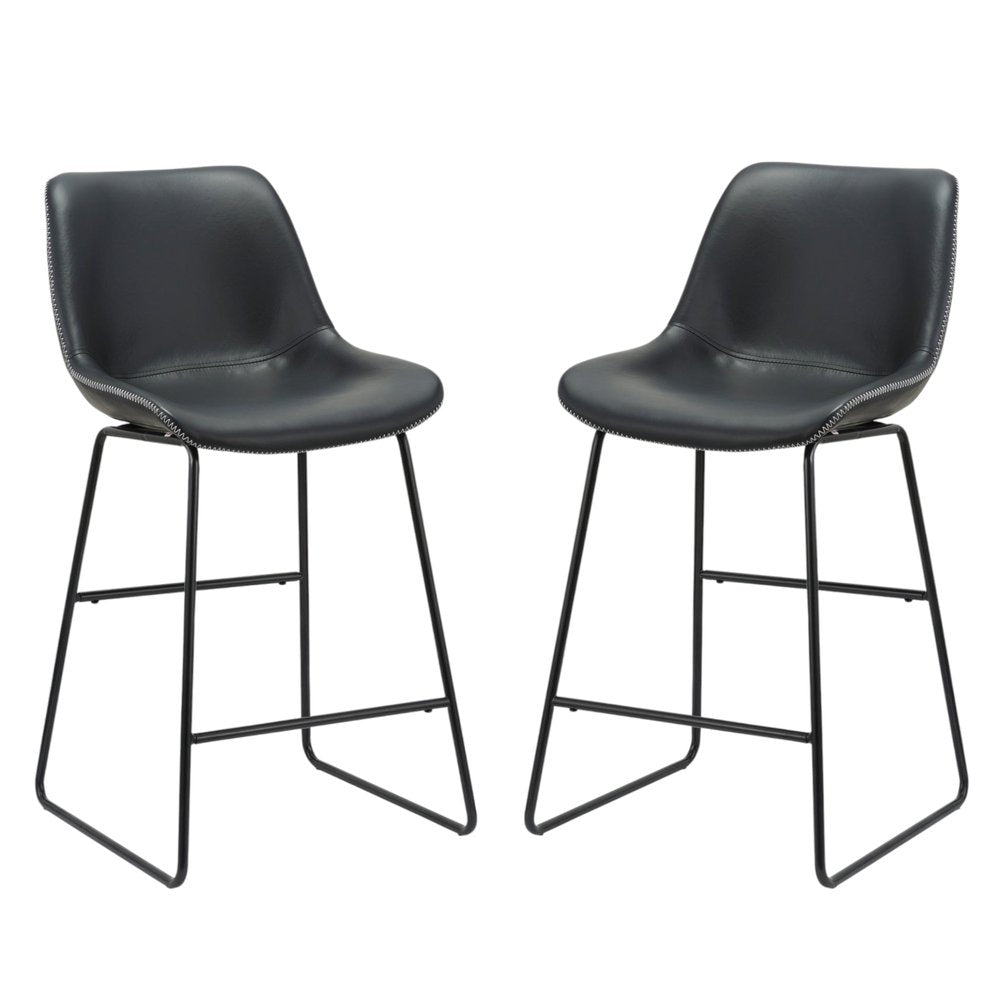 Set of Two Black Faux Leather And Metal Low Back Counter Height Bar Chairs on a white background