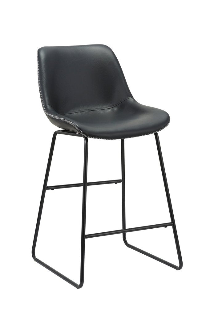 Black faux leather and metal low back counter height bar chair on a white background.