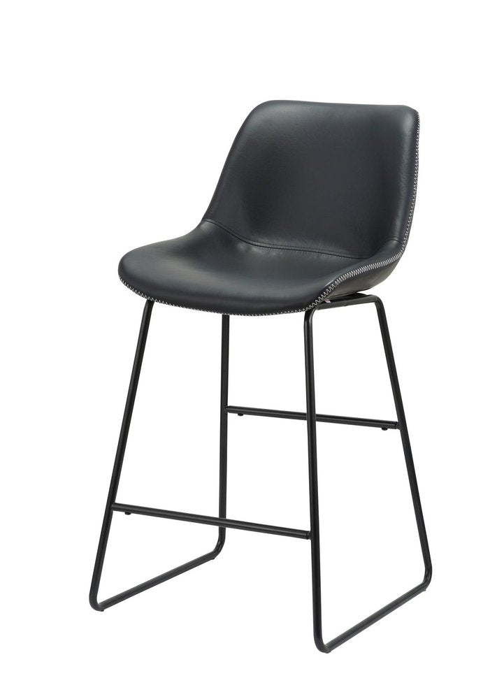 Set of Two Black Faux Leather And Metal Low Back Counter Height Bar Chairs on a white background
