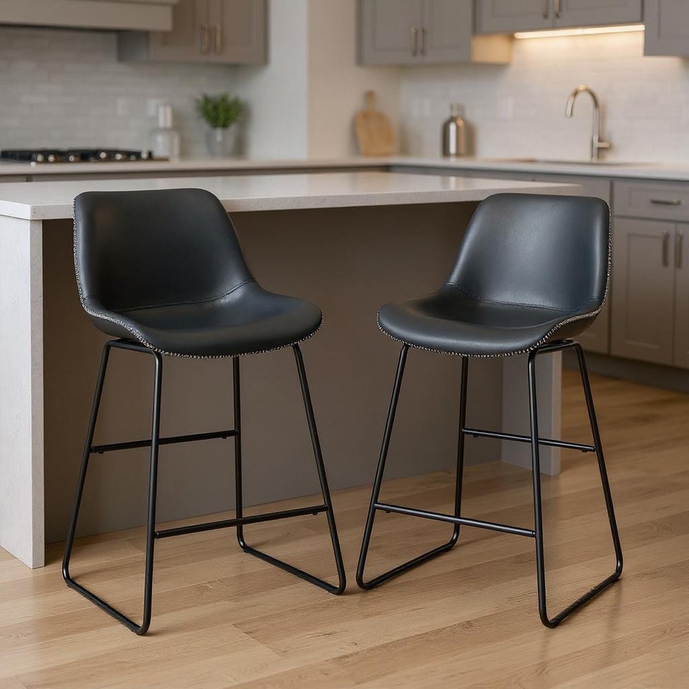 Set of Two Black Faux Leather And Metal Low Back Counter Height Bar Chairs