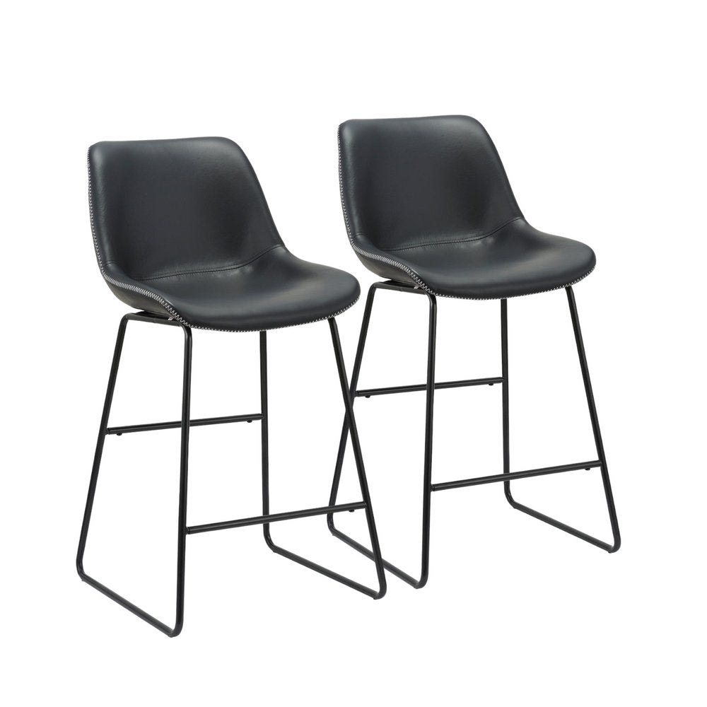 Set of Two Black Faux Leather And Metal Low Back Counter Height Bar Chairs on a white background
