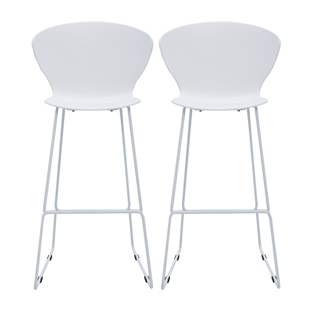 Set of Two 30" White And Silver Heavy Duty Plastic And Metal Low Back Bar Height Bar Chairs on a white background