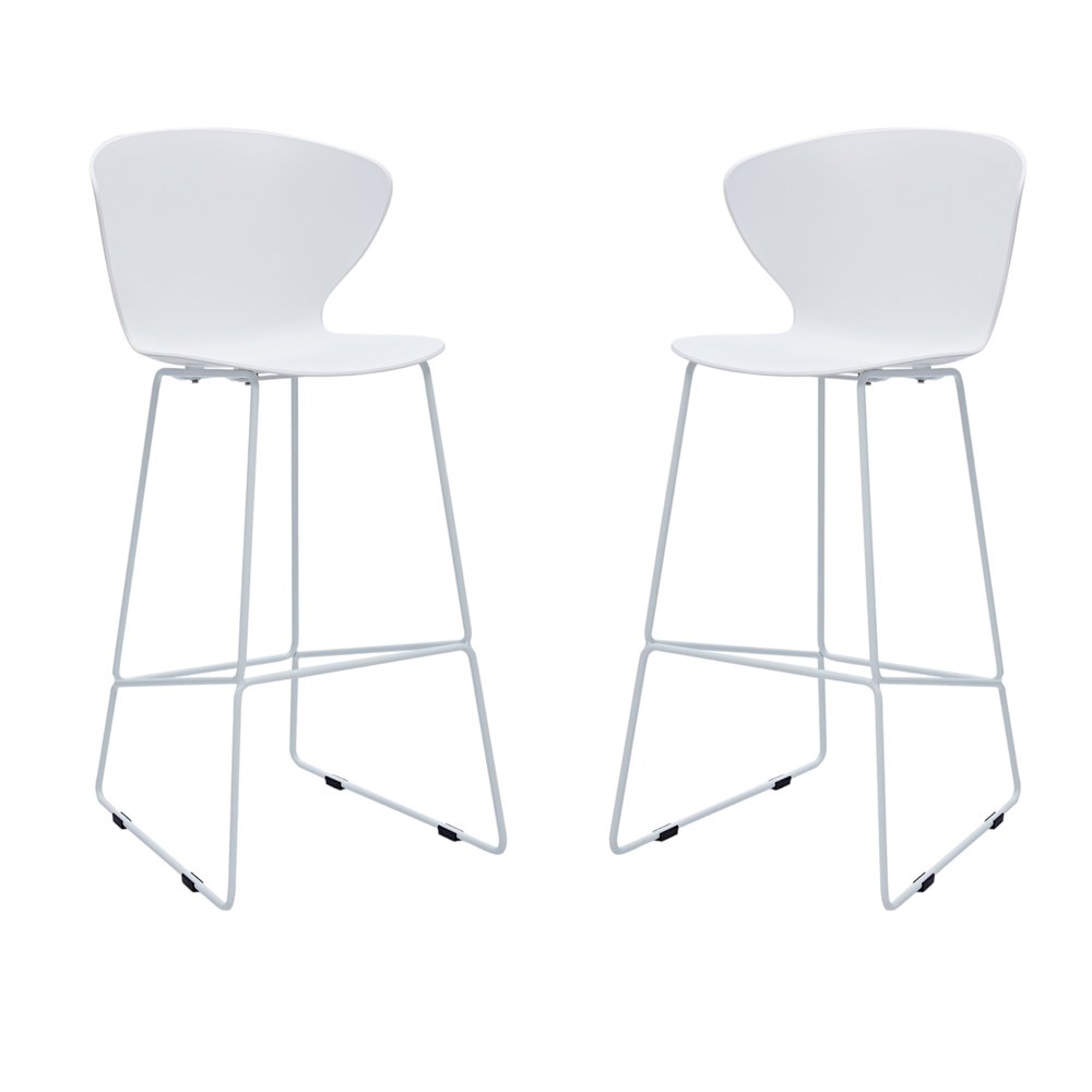 Set of Two 30" White And Silver Heavy Duty Plastic And Metal Low Back Bar Height Bar Chairs on a white background