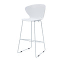 Set of Two 30" White And Silver Heavy Duty Plastic And Metal Low Back Bar Height Bar Chairs on a white background