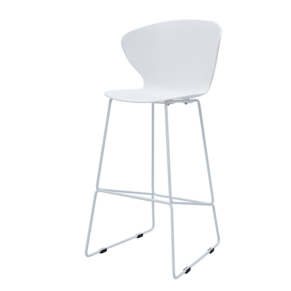 White plastic and silver metal low back bar stool on a white background.