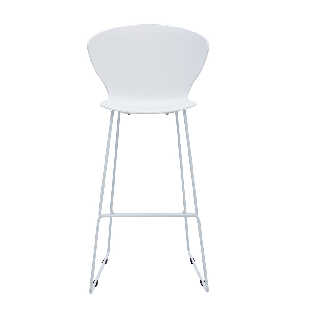 Set of Two 30" White And Silver Heavy Duty Plastic And Metal Low Back Bar Height Bar Chairs on a white background