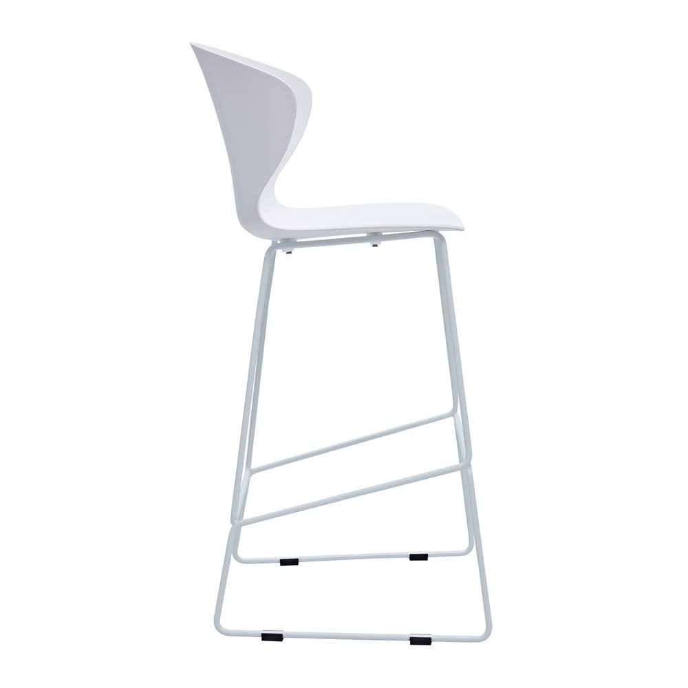 Set of Two 30" White And Silver Heavy Duty Plastic And Metal Low Back Bar Height Bar Chairs on a white background
