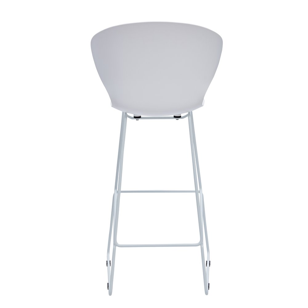 Set of Two 30" White And Silver Heavy Duty Plastic And Metal Low Back Bar Height Bar Chairs on a white background