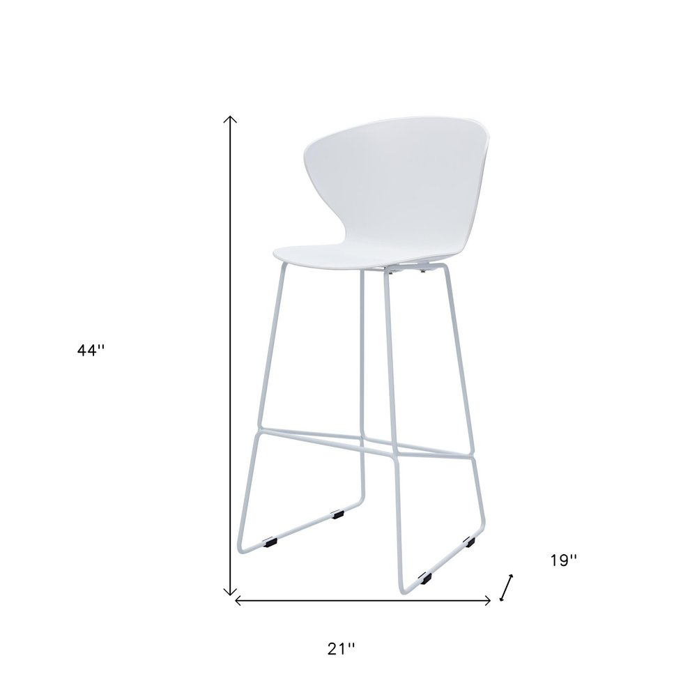 Set of Two 30" White And Silver Heavy Duty Plastic And Metal Low Back Bar Height Bar Chairs on a white background