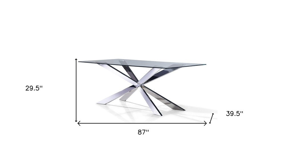 87" Clear and Silver Glass and Metal Cross Leg Base Dining Table on a white background