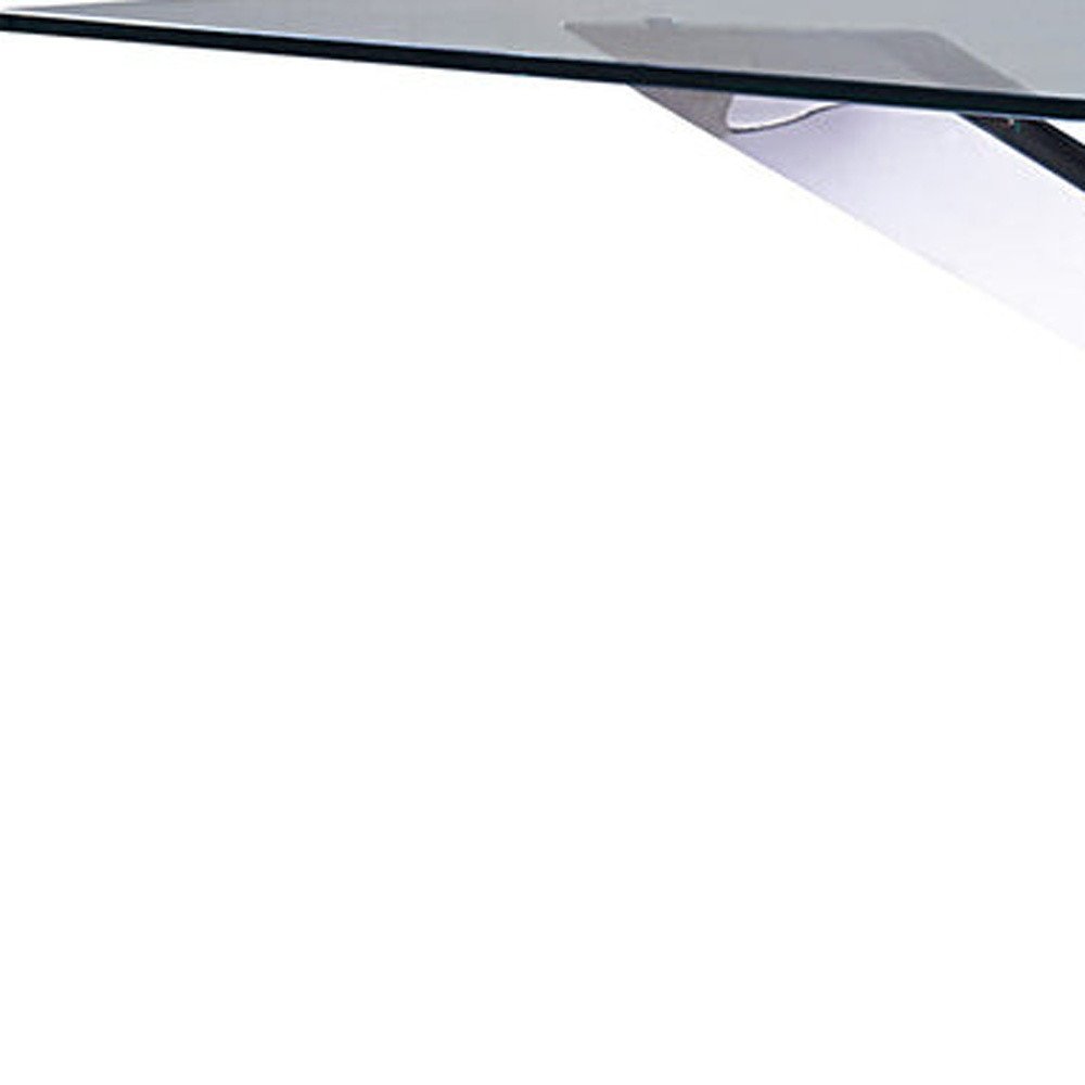87" Clear and Silver Glass and Metal Cross Leg Base Dining Table on a white background