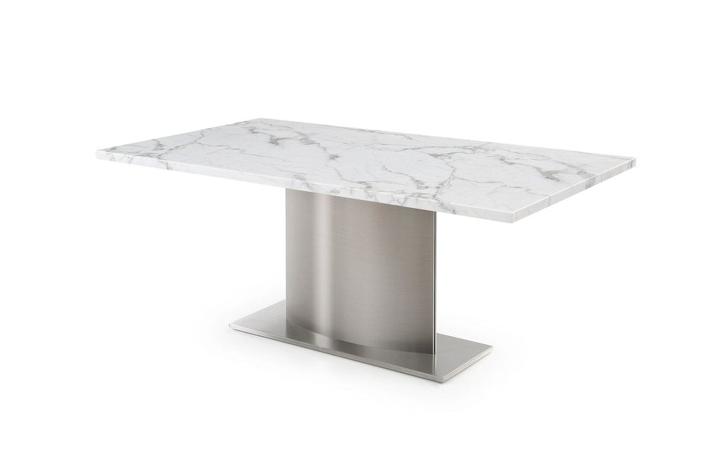 72" Gray White and Silver Marble and Stainless Steel Pedestal Base Dining Table on a white background