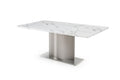 72" Gray White and Silver Marble and Stainless Steel Pedestal Base Dining Table on a white background