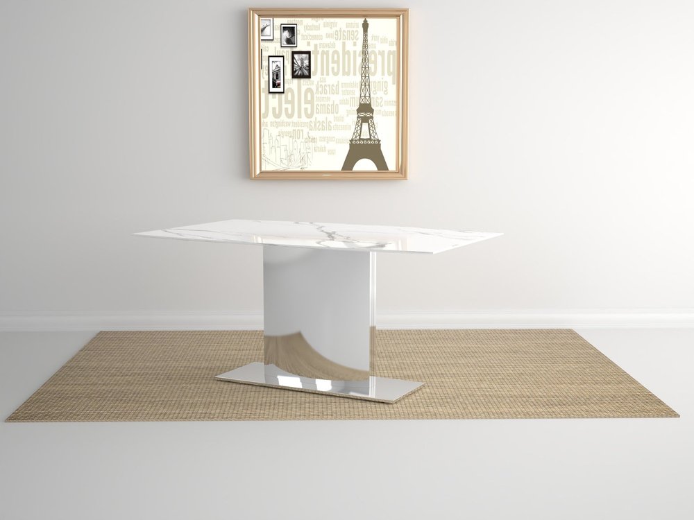 72" Gray White and Silver Marble and Stainless Steel Pedestal Base Dining Table on a white background
