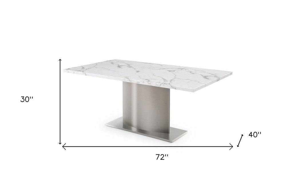 72" Gray White and Silver Marble and Stainless Steel Pedestal Base Dining Table on a white background
