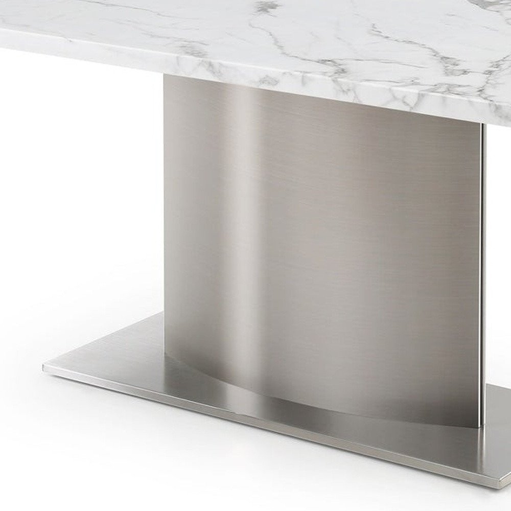 72" Gray White and Silver Marble and Stainless Steel Pedestal Base Dining Table on a white background