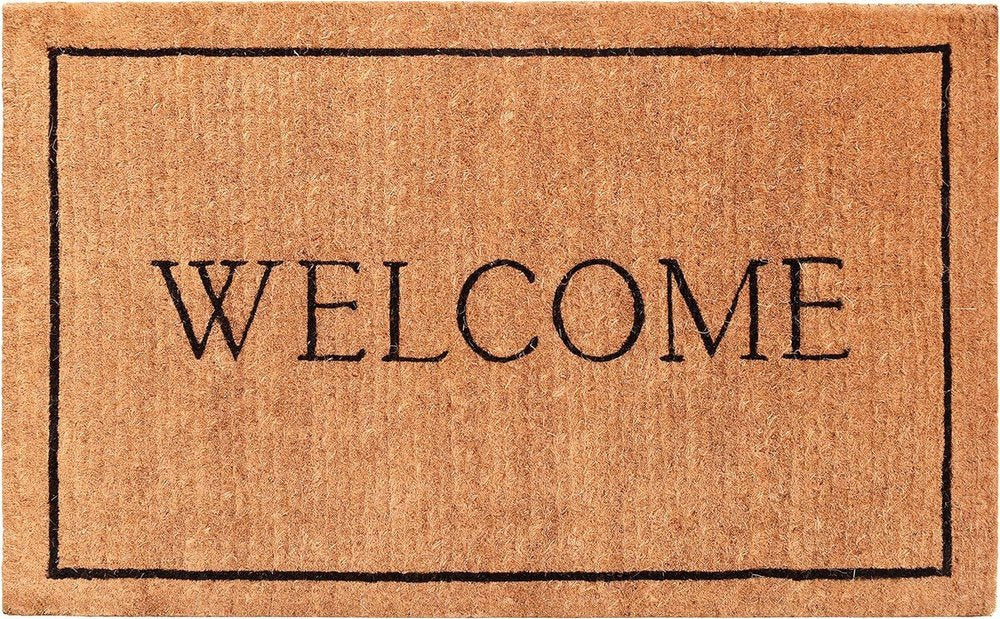 30" X 48" Natural and Black Coir Welcome Outdoor Door Mat. Doormat in black.