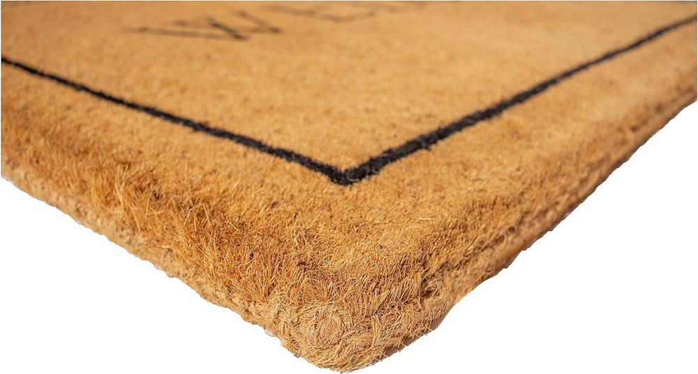 30" X 48" Natural and Black Coir Welcome Outdoor Door Mat. Doormat in tan.