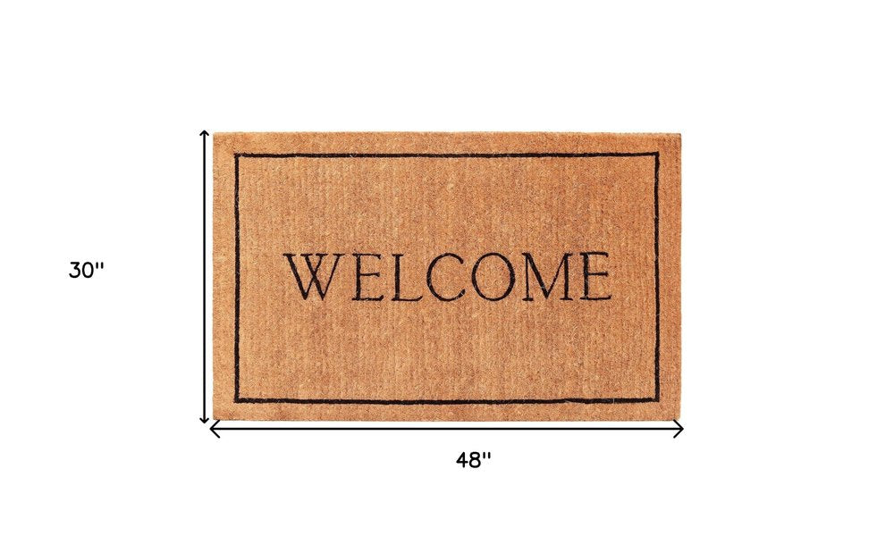 30" X 48" Natural and Black Coir Welcome Outdoor Door Mat. Doormat isolated on a plain white background, finished in tan.