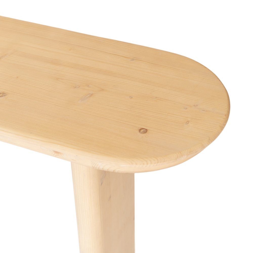 60" Natural Solid Wood Oval Console Table. Console table isolated on a plain white background, finished in tan wood.