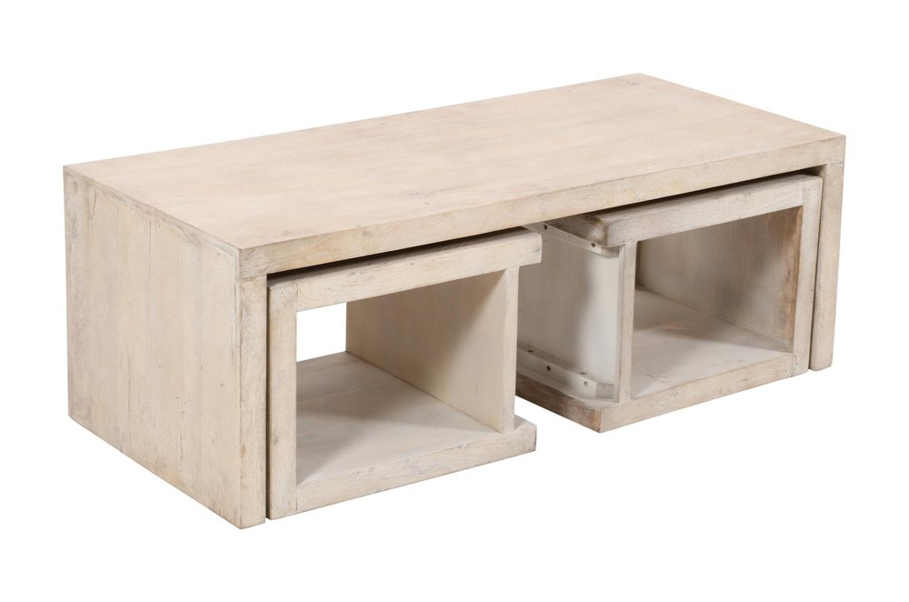 Three Piece Natural Solid Wood Distressed Sled Coffee And End Tables Set on a white background