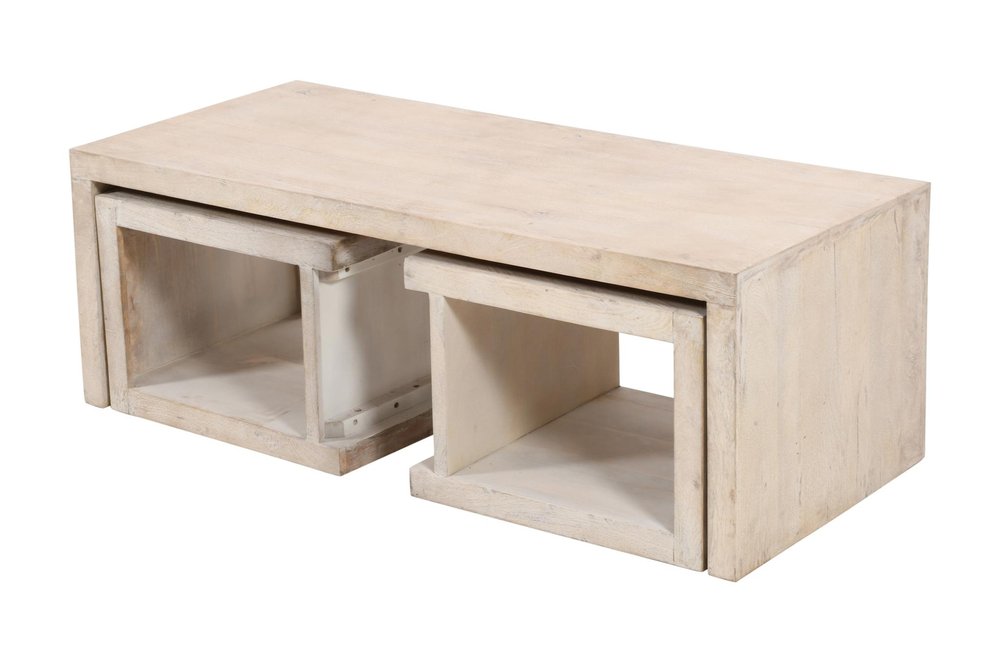 Three Piece Natural Solid Wood Distressed Sled Coffee And End Tables Set on a white background