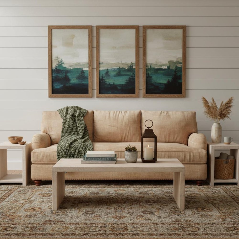 Three Piece Natural Solid Wood Distressed Sled Coffee And End Tables Set in a home interior