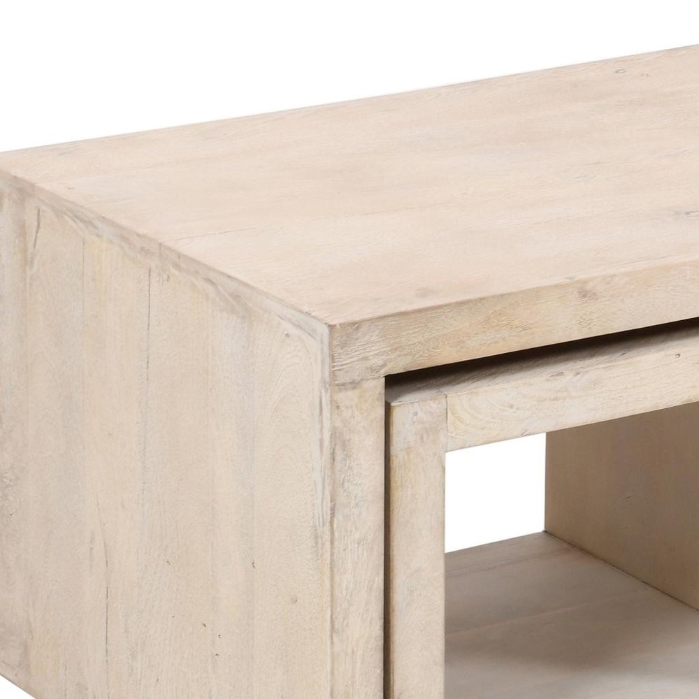 Three Piece Natural Solid Wood Distressed Sled Coffee And End Tables Set close-up detail