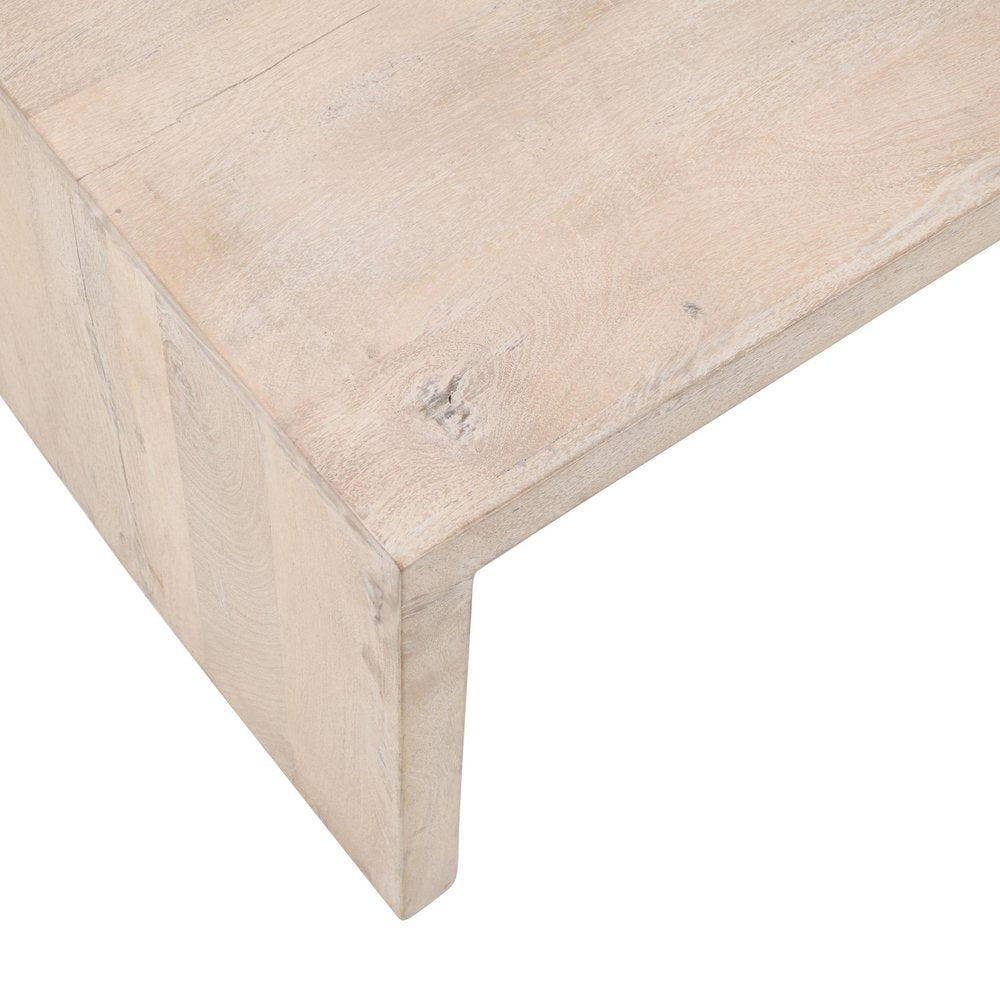 Three Piece Natural Solid Wood Distressed Sled Coffee And End Tables Set on a white background