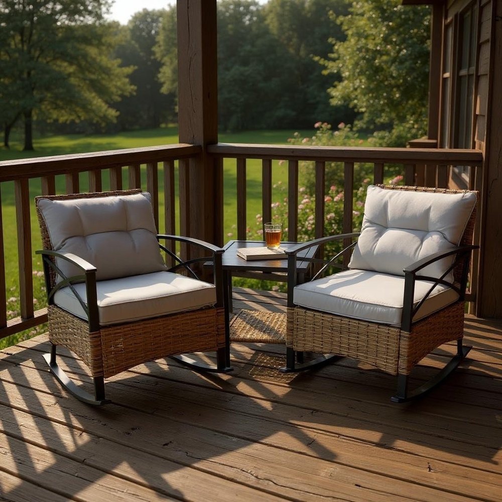 Three Piece Black Natural and Gray Rattan Two Person Seating Group With Table
