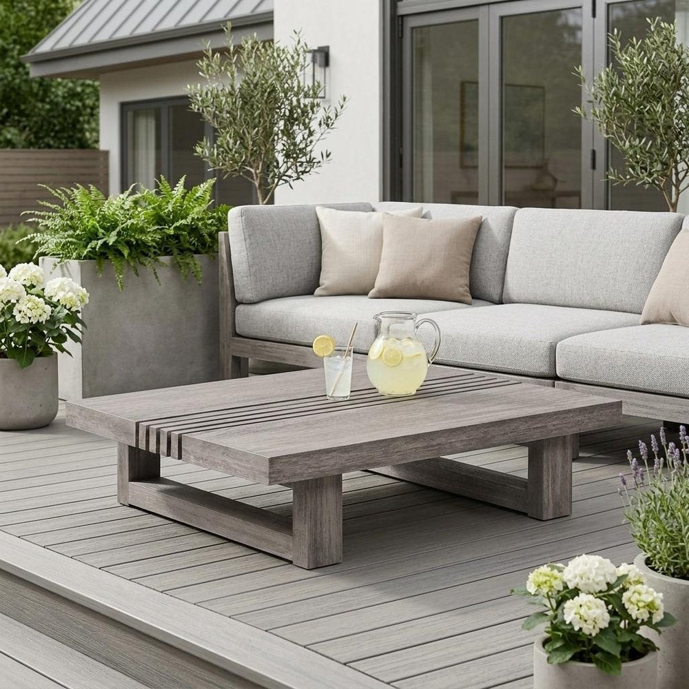 33" Gray Solid Wood Outdoor Coffee Table shown outdoors on a tiled patio.