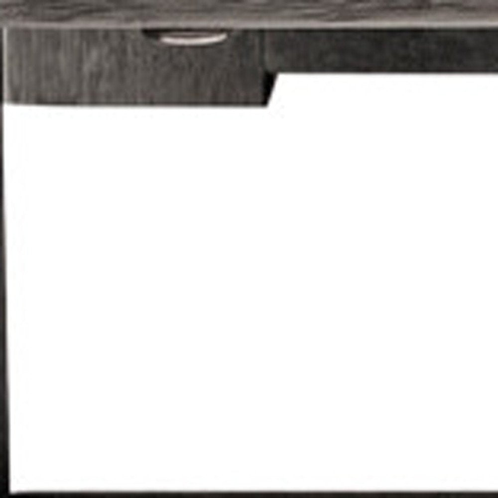 33" Gray Solid Wood Outdoor Coffee Table. Outdoor table isolated on a plain white background, finished in gray wood.