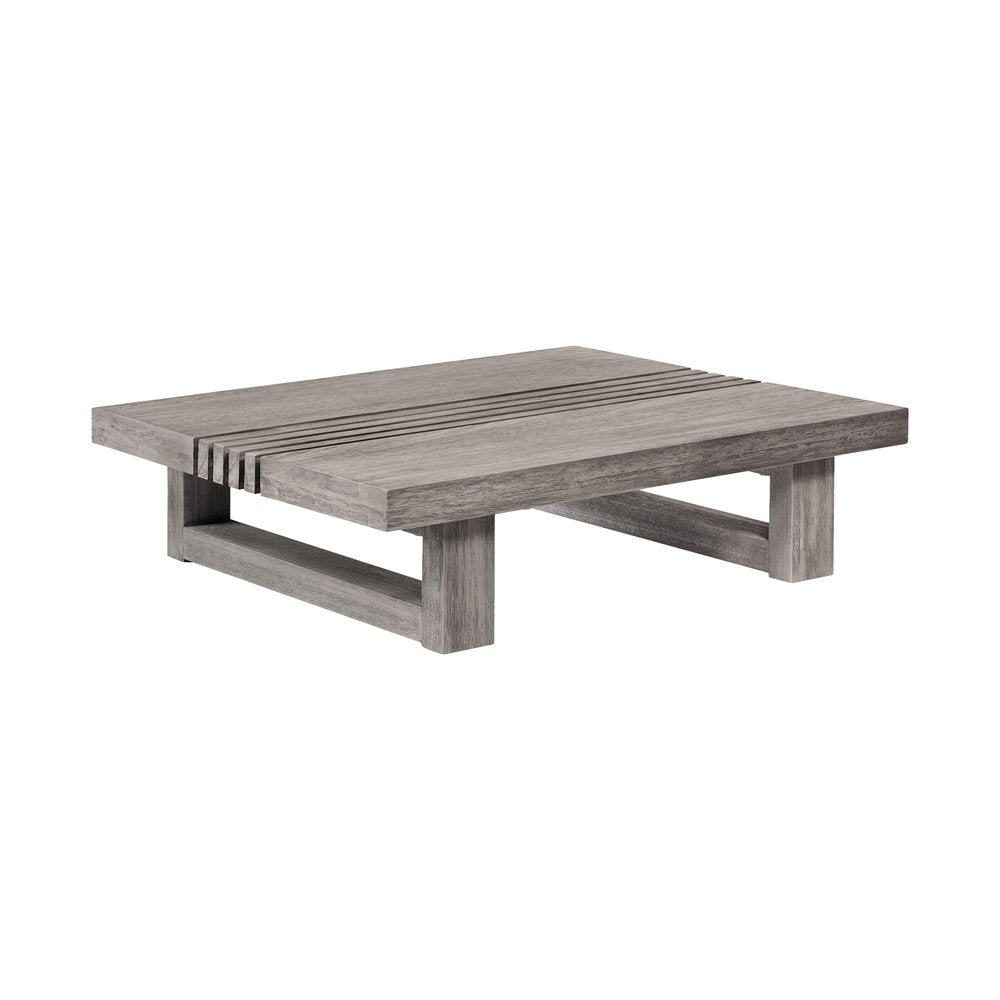 33" Gray Solid Wood Outdoor Coffee Table. Outdoor table isolated on a plain white background, in a gray wood finish.