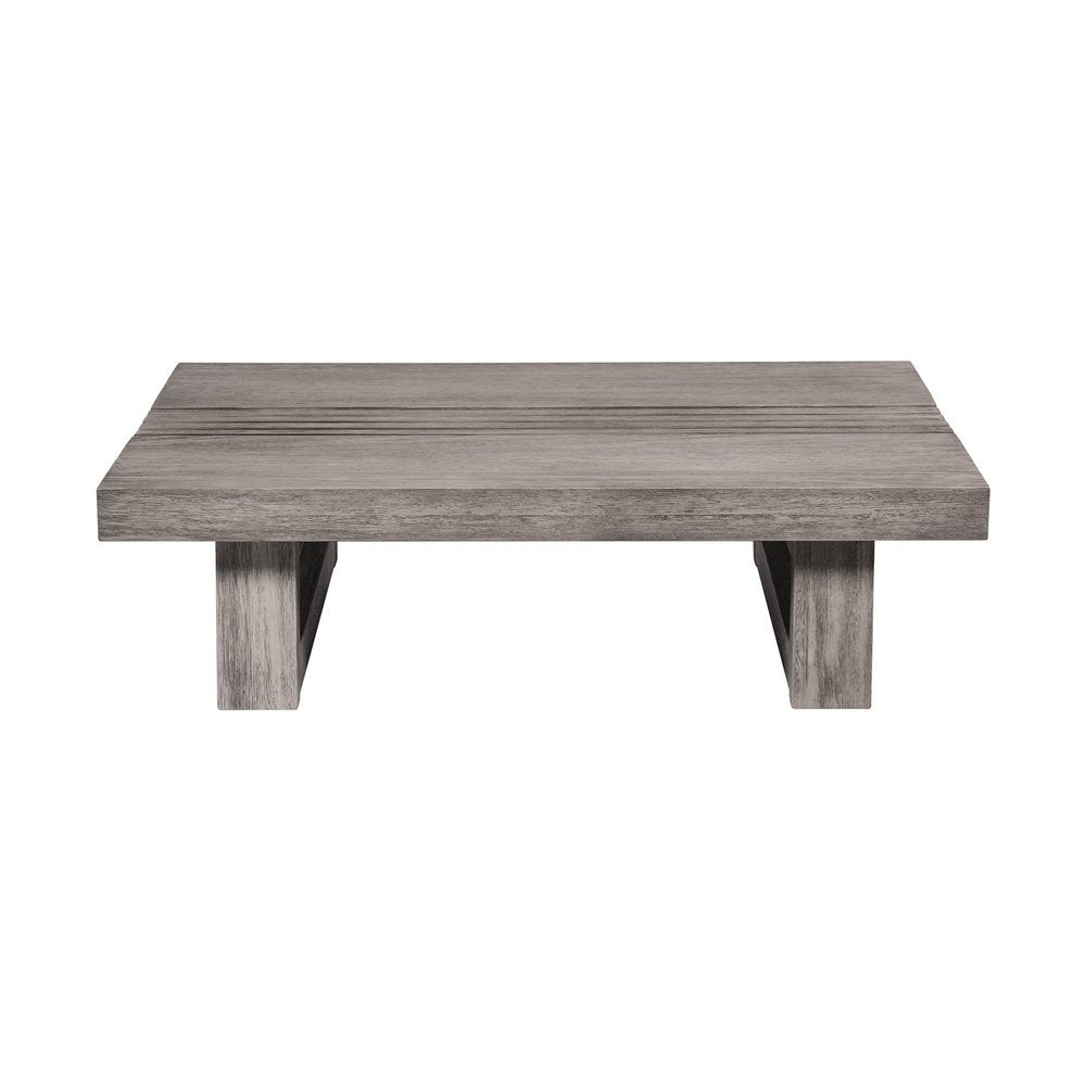 33" Gray Solid Wood Outdoor Coffee Table. Outdoor table isolated on a plain white background, finished in gray wood.