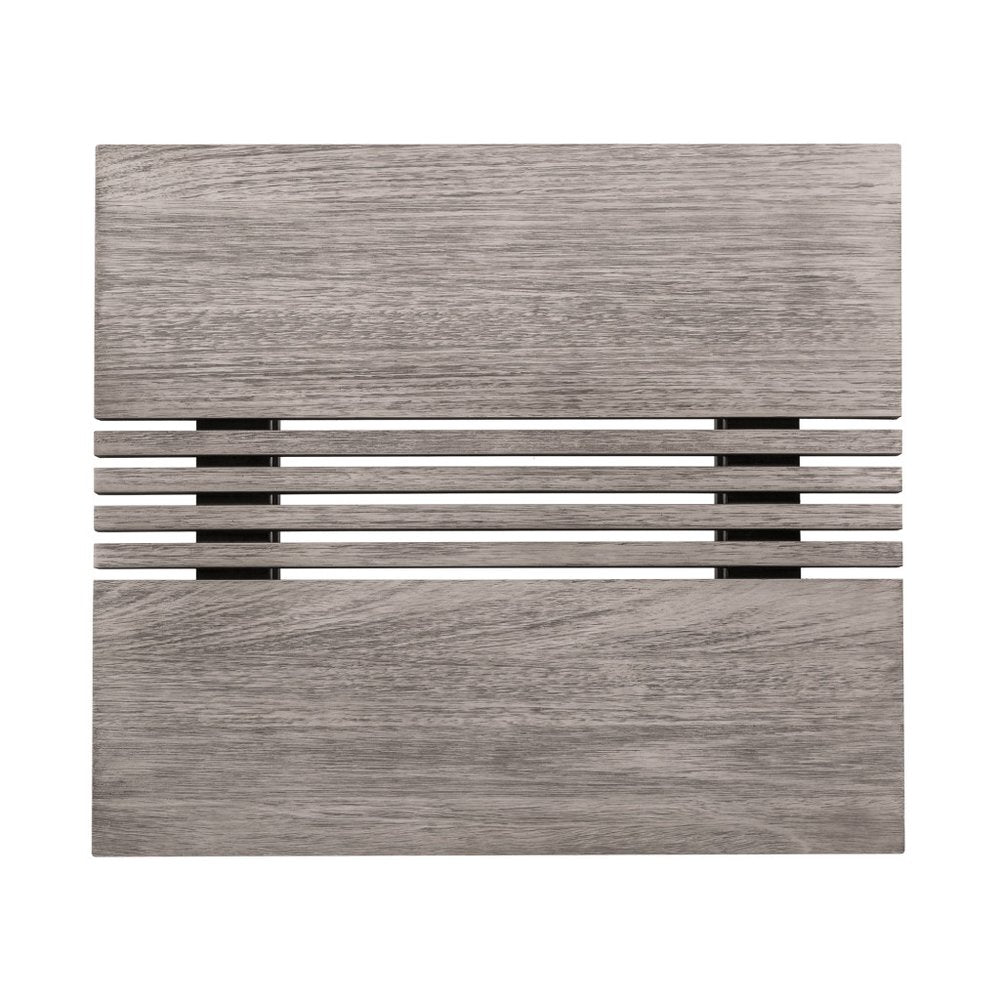 33" Gray Solid Wood Outdoor Coffee Table. Outdoor table isolated on a plain white background, finished in gray wood.