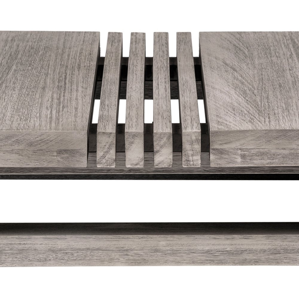 33" Gray Solid Wood Outdoor Coffee Table. Outdoor table isolated on a plain white background, in a gray wood finish.