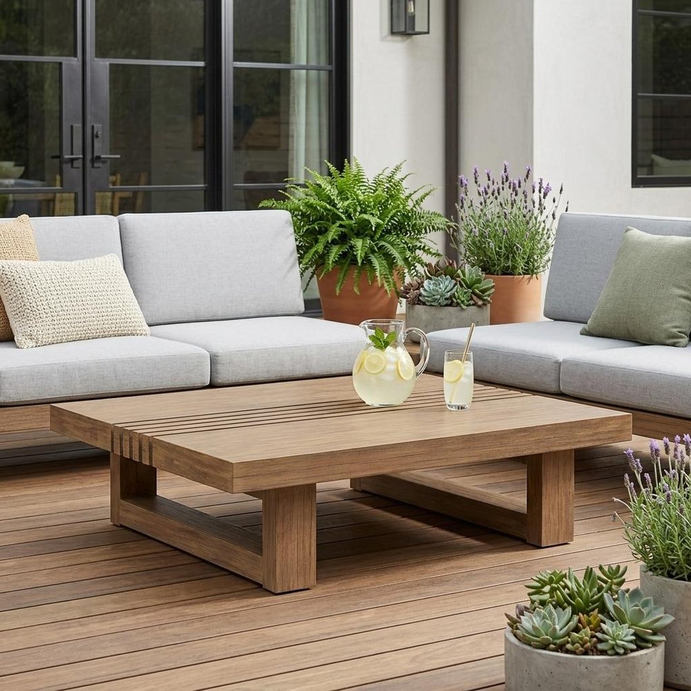 33" Natural Solid Wood Outdoor Coffee Table shown outdoors on a patio in tan wood.