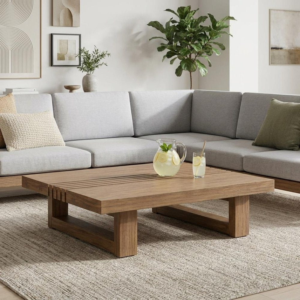 33" Natural Solid Wood Outdoor Coffee Table. Outdoor table in tan wood.