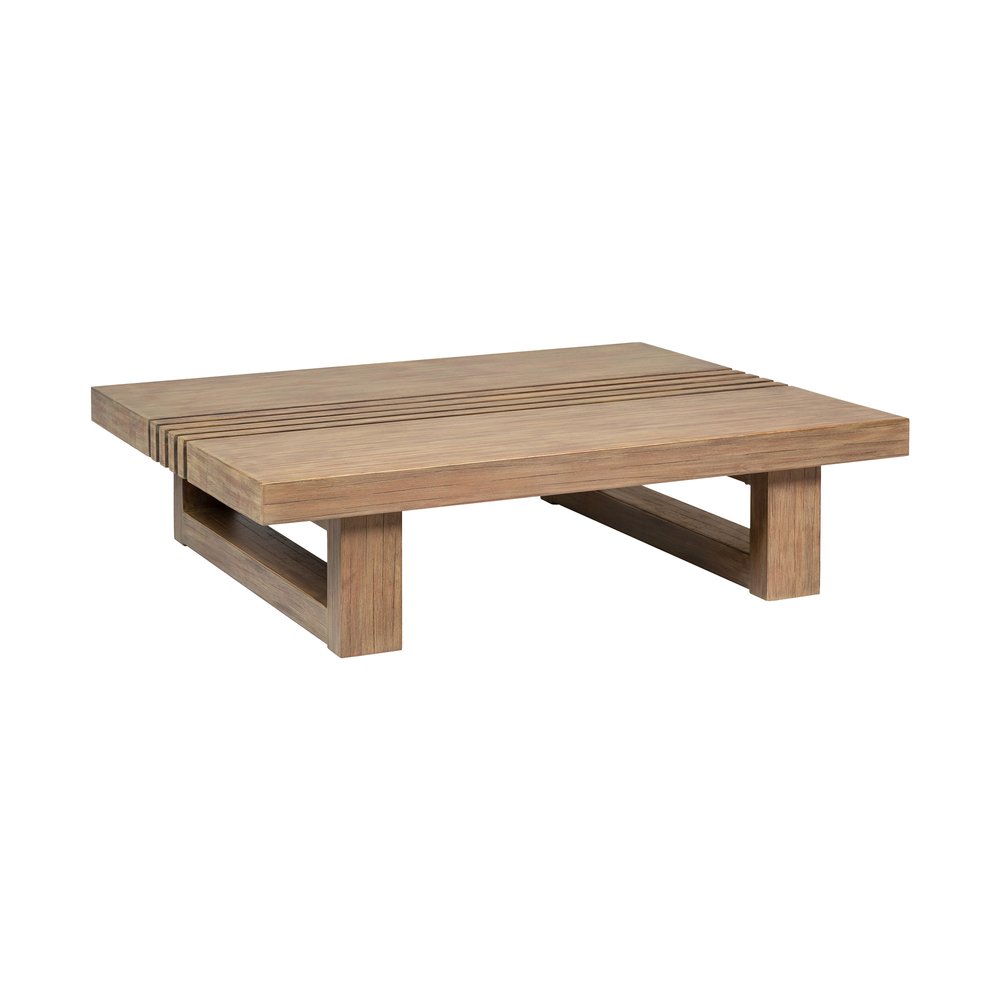 33" Natural Solid Wood Outdoor Coffee Table. Outdoor table isolated on a plain white background, finished in tan wood.