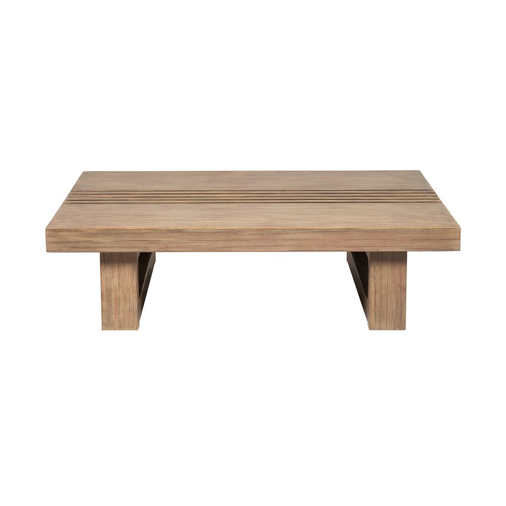 33" Natural Solid Wood Outdoor Coffee Table. Outdoor table isolated on a plain white background, finished in tan wood.