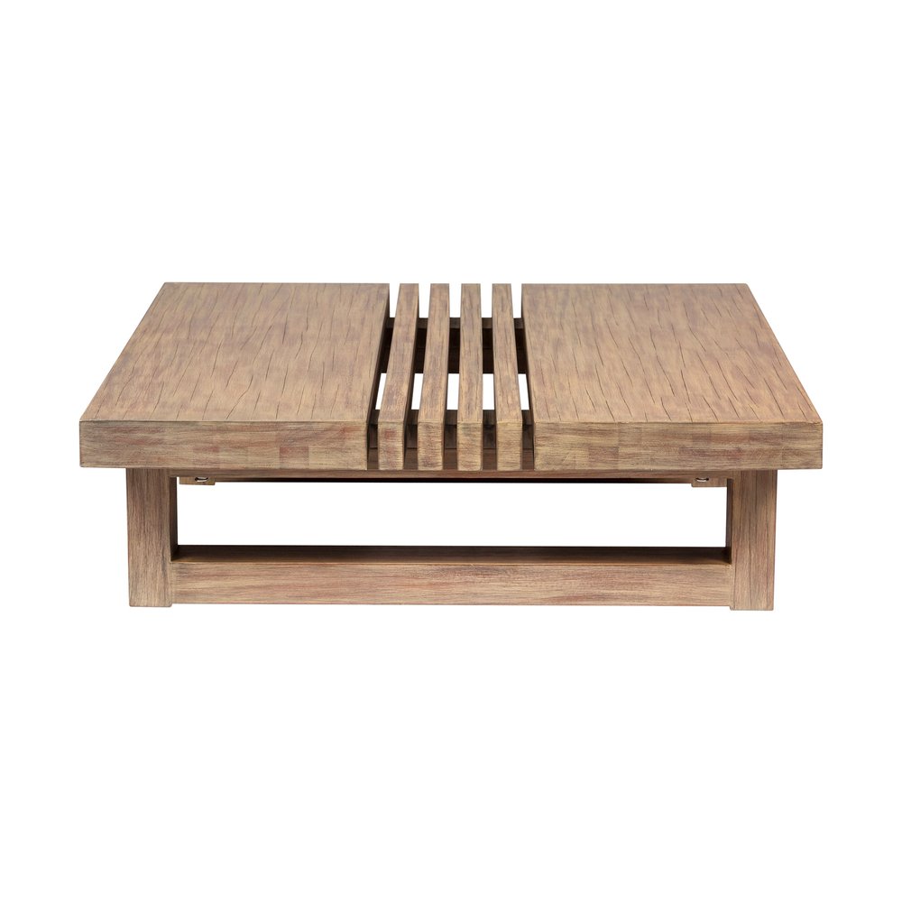 33" Natural Solid Wood Outdoor Coffee Table. Outdoor table isolated on a plain white background, finished in tan wood.