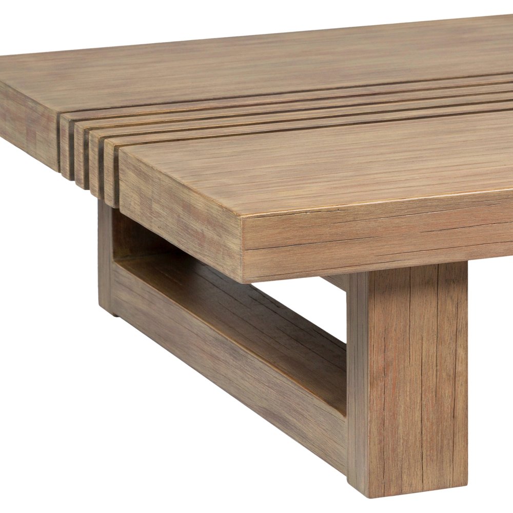 33" Natural Solid Wood Outdoor Coffee Table. Outdoor table isolated on a plain white background, in a tan wood finish.