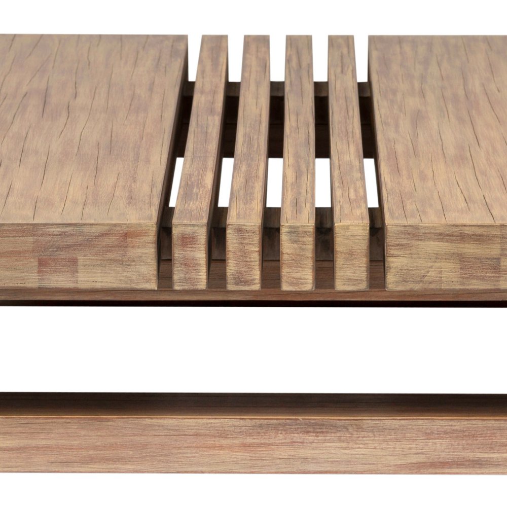 33" Natural Solid Wood Outdoor Coffee Table. Outdoor table isolated on a plain white background, finished in tan wood.