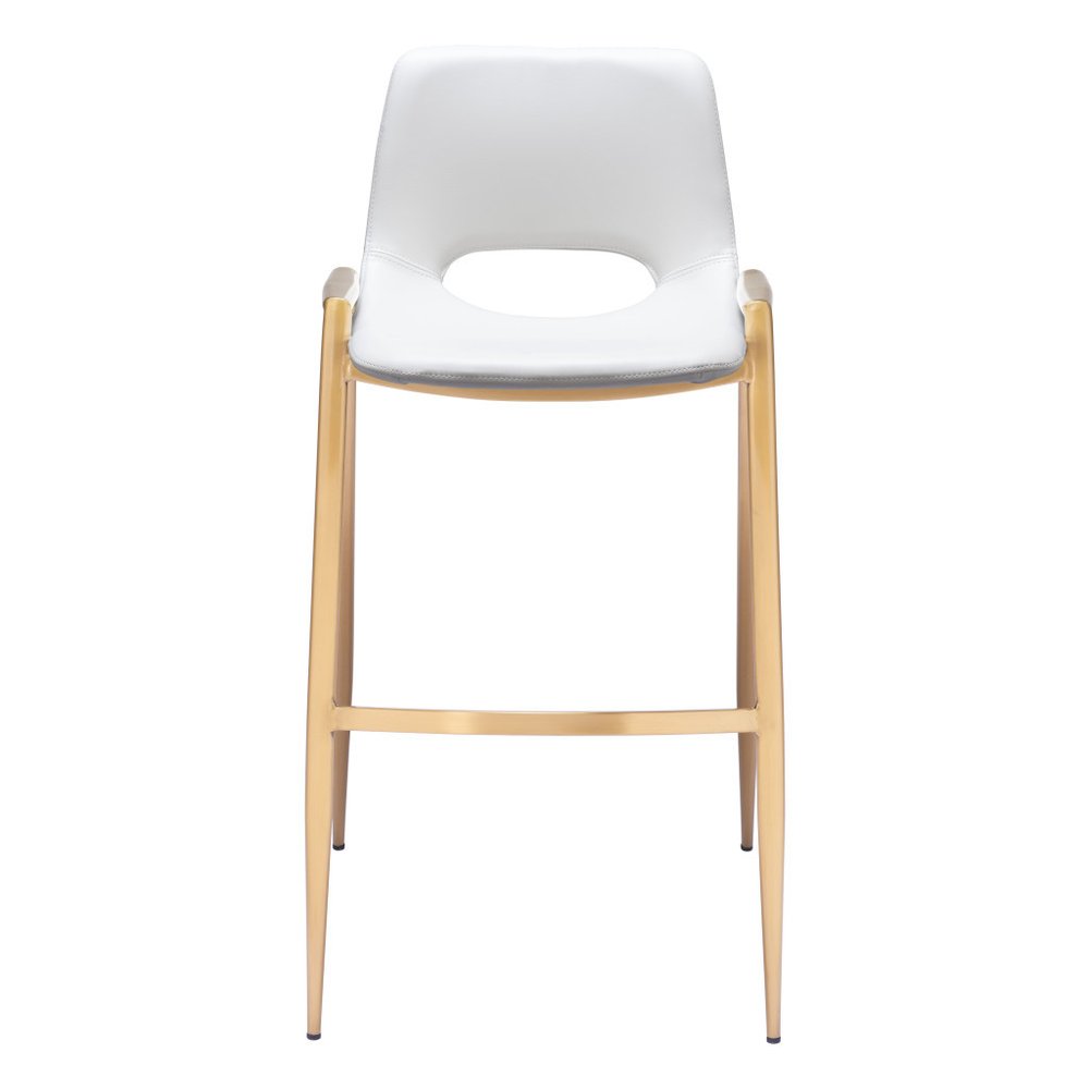 Set of Two 30" White And Gold Faux Leather And Fabric And Steel Bar Height Bar Chairs on a white background